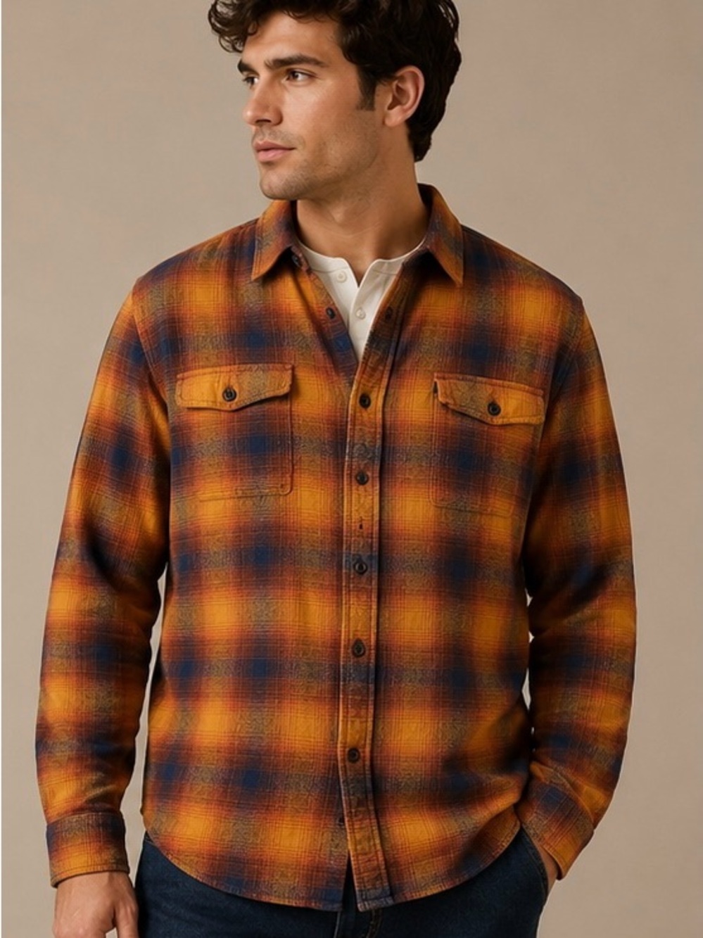 Lucky Brand Plaid Flannel Shirt XXL Orange Blue Classic Fit